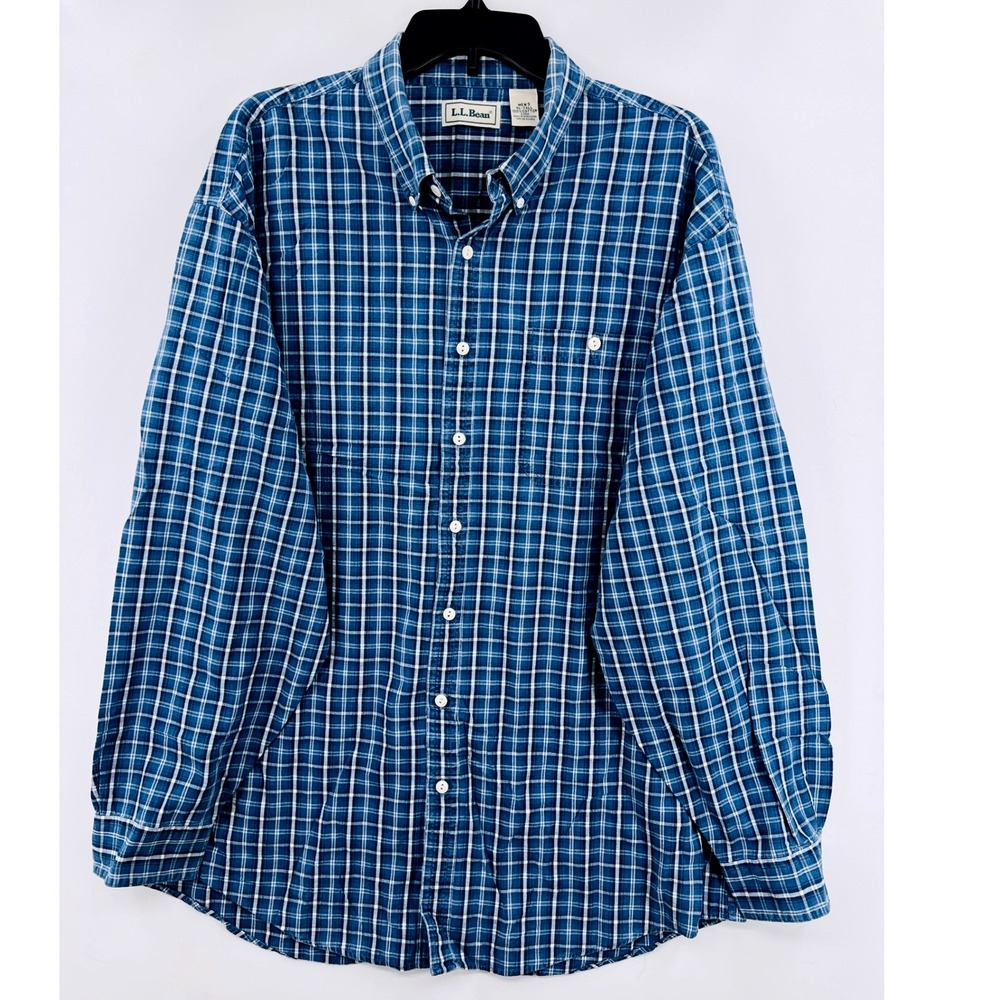 L.L. Bean Plaid Button Down Mens XL Tall Blue Long Sleeve Cotton Shirt Heritage